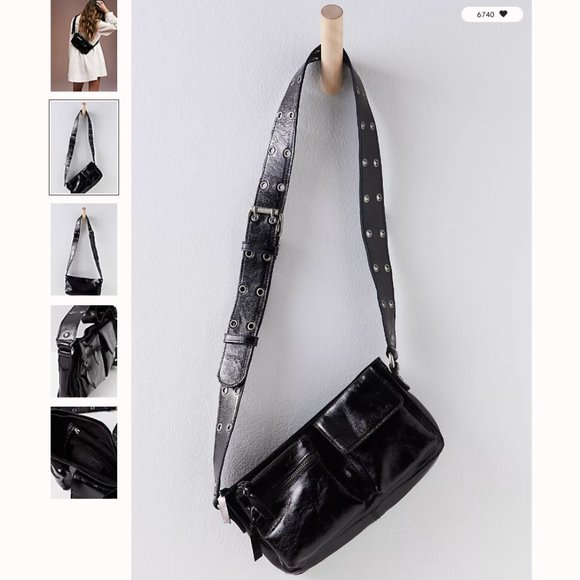 Free People Handbags - NWT Free People Black Patent Leather Shoulder Bag with Silver Hardware